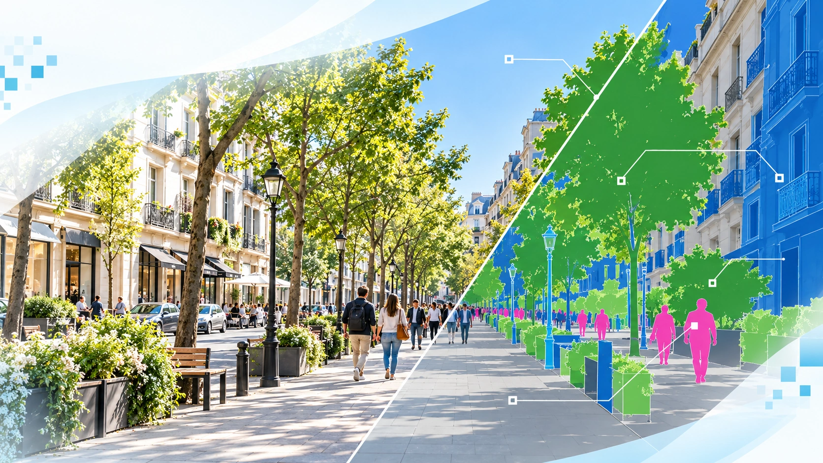 Conceptual streetscape illustration combining a photograph with a coloured semantic segmentation view.
